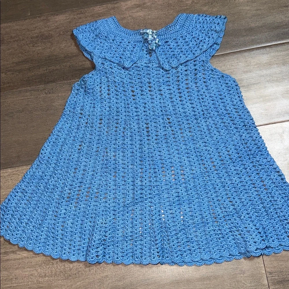 Vintage Hand Crocheted Baby Dress Blue Scalloped Hem Size 6-9M